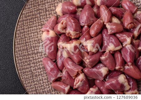Chicken raw heart, red duck or turkey internal organs as an ingredient 127689036