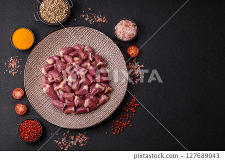 Chicken raw heart, red duck or turkey internal organs as an ingredient Chicken raw heart, red duck or turkey internal organs as an ingredient 127689043