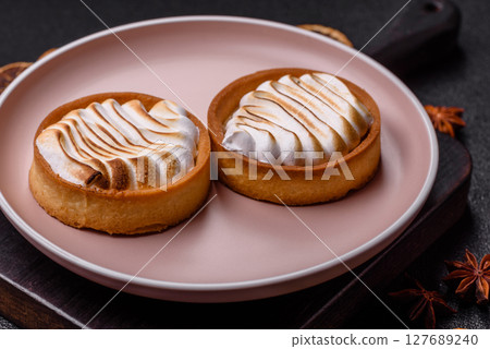 Lemon tart, meringue pie or fruit cream tart Lemon tart, meringue pie or fruit cream tart 127689240