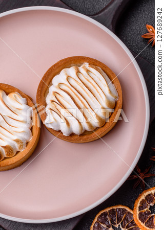 Lemon tart, meringue pie or fruit cream tart 127689242