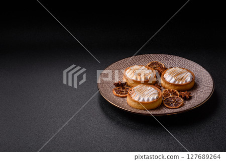 Lemon tart, meringue pie or fruit cream tart 127689264