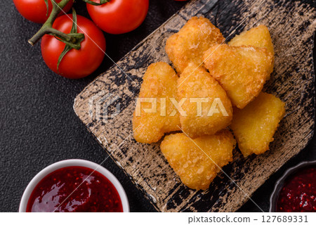 Fried mozzarella or brie cheese with cranberry or raspberry sauce 127689331