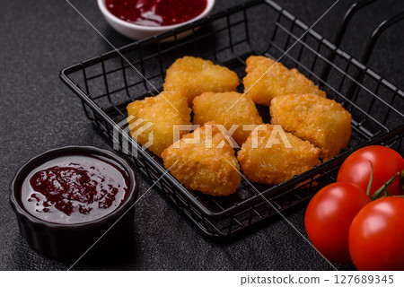Fried mozzarella or brie cheese with cranberry or raspberry sauce Fried mozzarella or brie cheese with cranberry or raspberry sauce 127689345
