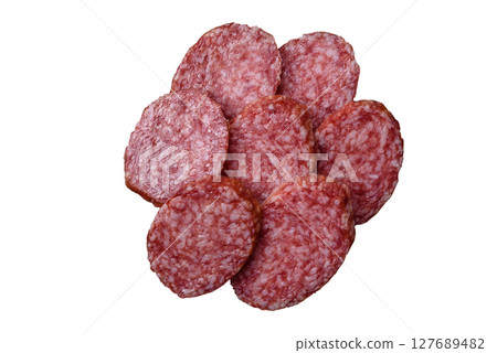 Sliced salami sausage, smoked meat, delicious deli snacks Sliced salami sausage, smoked meat, delicious deli snacks 127689482