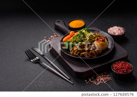 Food bowl with tofu, quinoa, broccoli and carrots, microgreens 127689576