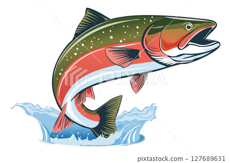 Illustration of a jumping atlantic salmon fish (Salmo salar) Leaping Salmon isolated on white background, fish jumping out of water, Salmon fish jumping out of river water 127689631