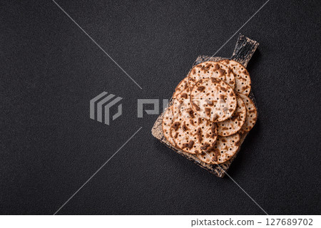 Matzah wheat bread for the Jewish holiday of passover. Kosher matzo bread 127689702