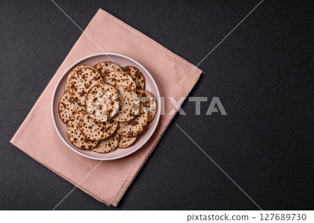 Matzah wheat bread for the Jewish holiday of passover. Kosher matzo bread 127689730