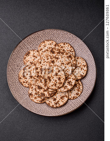Matzah wheat bread for the Jewish holiday of passover. Kosher matzo bread 127689861