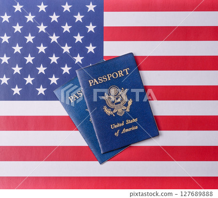 American passport against the background of the US national flag 127689888