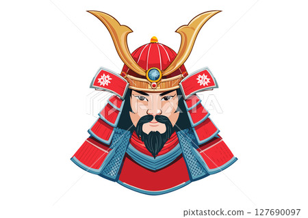 Portrait of a Japanese samurai warrior or shogun in helmet and armor 127690097