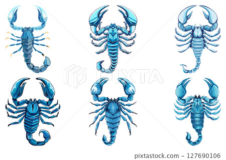 Aggressive Dangerous blue Scorpion, Predatory animal in a danger pose, scorpion with its tail raised, showcasing its stinger, set 127690106