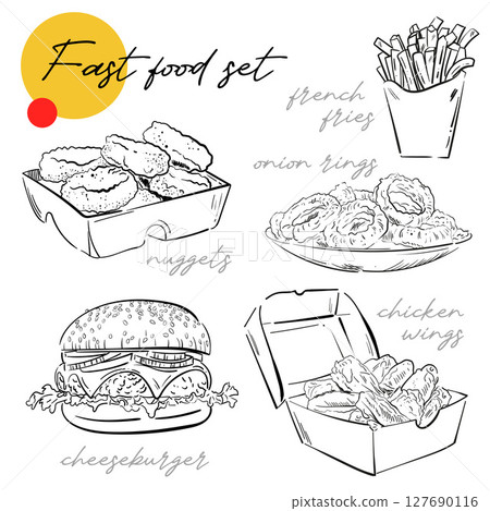 Hand drawn sketches set with fast food products on white background. For menu, cafe, restaurant, web, 127690116