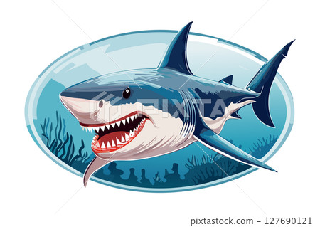 Terrifying Shark with open mouth and showing sharp teeth, attack, Cartoon illustration of a  Attacking shark, Aggressive Shark Angry Bite, Terrifying Shark with open mouth and showing sharp teeth, attack, Cartoon illustration of a  Attacking shark, Aggressive Shark Angry Bite, 127690121