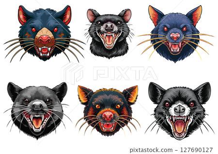 Tasmanian devil, Wild carnivorous marsupial animal, Wildlife of Australia and Tasmania, Tasmanian devil head (Sarcophilus harrisii), set 127690127