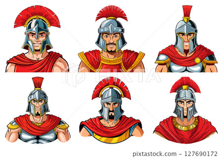 Head ancient warrior in helmet and armor, Spartan or Trojan warrior or a Roman gladiator cartoon character, ancient roman gladiator in armour soldier, set 127690172