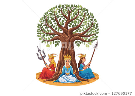 Three goddesses - nornir (Norns) -  known as Urd (Urdr), Verdandi, and Skuld, who weave the threads of fate and tend to the world tree, Yggdrasill, ensuring it stays alive at the center of the cosmos 127690177