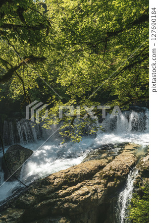 Waterfall lush greenery. Natural landscape with a waterfall Waterfall lush greenery. Natural landscape with a waterfall 127690184