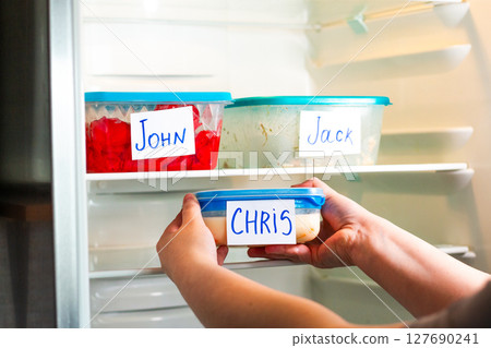 Handwritten names on reusable food containers in work fridge. Image for eco friendly office initiatives. Handwritten names on reusable food containers in work fridge. Image for eco friendly office initiatives. 127690241