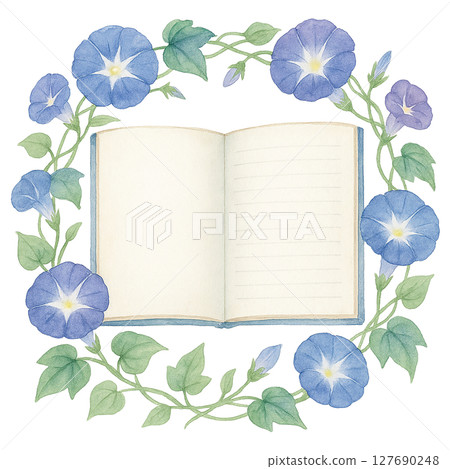 牽牛花和筆記本的水彩插圖（框架） 127690248