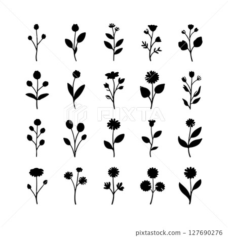 Mini Floral Pattern Grid. A symmetrical pattern of small floral icons in dark ink, ideal for backgrounds, prints, and fabric design. 127690276