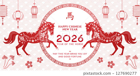 Red floral Chinese New Year 2026 banner with horse silhouette, oriental patterns, lanterns, plum blossoms, decorative frame, elegant Asian style, red and white colors, perfect for cards, posters, ads. 127690277