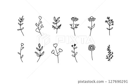 Graphic Flower Design. A black and white flower silhouette with large round petals and central symmetry, perfect for bold visual decor. 127690291