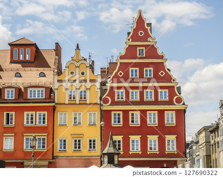 Colorful Historical Buildings with Unique Architectural Facades in a Scenic Old Town Area, Wroclaw, Poland Colorful Historical Buildings with Unique Architectural Facades in a Scenic Old Town Area, Wroclaw, Poland 127690322