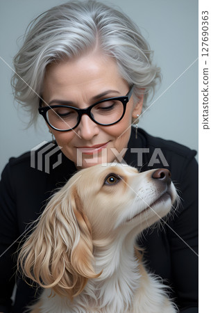 beautiful mature stylish blond lady with her creamy Spaniel dog. life style concept. Ai generated 127690363
