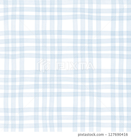 Blue Plaid Gingham Madras Check Hand Drawn Background Pattern Overlay 127690416