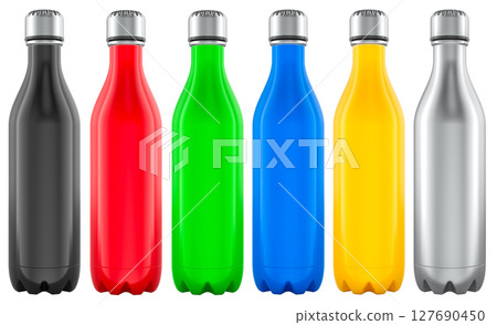 Colorful stainless steel insulated bottles, set of steel thermo bottles for sports or travel. 3D rendering Colorful stainless steel insulated bottles, set of steel thermo bottles for sports or travel. 3D rendering 127690450