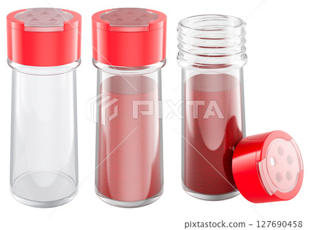 Spice jars with red paprika or chili powder screw caps. One empty and two filled, kitchen seasoning containers. 3D rendering Spice jars with red paprika or chili powder screw caps. One empty and two filled, kitchen seasoning containers. 3D rendering 127690458