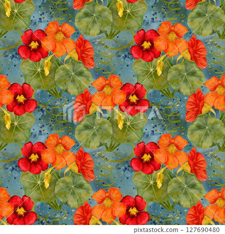 Vibrant watercolor floral pattern with delightful nasturtiums and green leaves 127690480