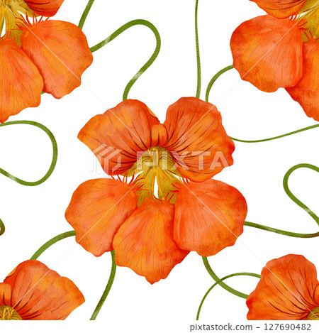 Watercolor seamless pattern of Orange Nasturtium flowers captures natures artistic essence 127690482