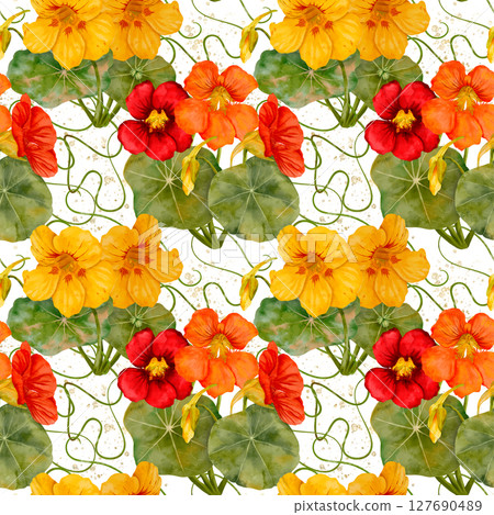 Watercolor Nasturtium Floral Seamless Pattern Design that brings life to any space 127690489