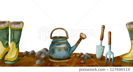 Gardening Tools and Equipment for Cultivating, watercolor seamless border 127690519