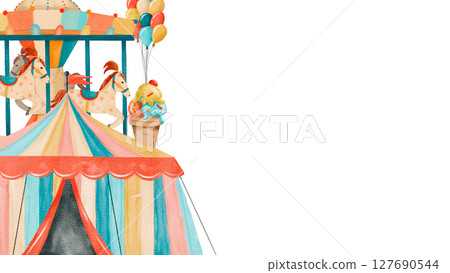 Watercolor Vintage Carousel, Colorful Balloons and Delightful Ice Cream 127690544