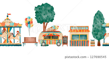 Watercolor carousel and an enchanting amusement park scene 127690545