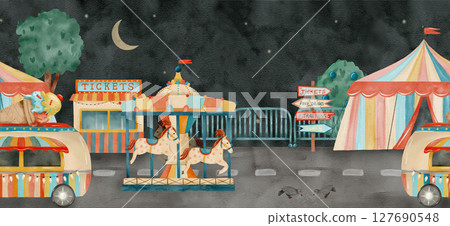 Watercolor nighttime carnival scene filled with delightful vintage elements 127690548