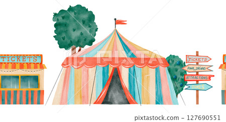 Circus Tent featuring a Food Stall and various Directional Signs for guidance 127690551