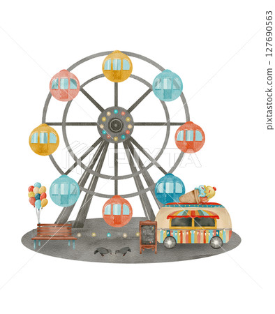 Watercolor Ferris wheel and colorful food truck 127690563