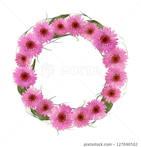 A Stunningly Beautiful Floral Wreath Adorned with Pink Daisies, Perfect for Decorative Use 127690582