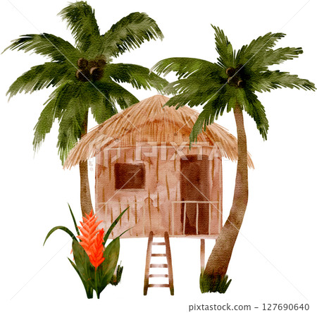 A Beautiful Tropical Treehouse Surrounded by Lush Palm Trees and Vibrant Exotic Flora 127690640