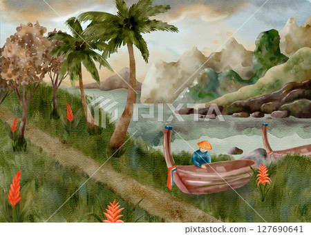 A Serene Coastal Landscape Featuring a Fisherman in a Traditional Boat Floating Calmly 127690641