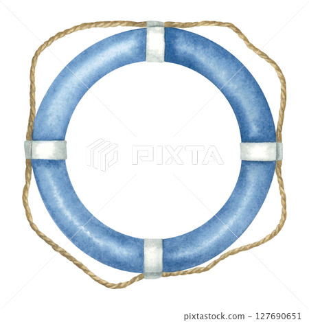 Lifebuoy in blue color. Hand drawn illustration of safeties ring with rope on isolated background. Sketch of marine rescue equipment for prints, postcards, posters, stickers. 127690651