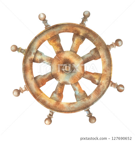 A rusty steering wheel. Hand drawn watercolor illustration of a helm from a sunken ship on an isolated background. Sketch of a vintage metal element for a sailing vessel. Sketch in marine style. 127690652