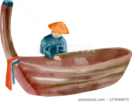 A traditional fisherman gracefully maneuvers his wooden boat through serene waters A traditional fisherman gracefully maneuvers his wooden boat through serene waters 127690674
