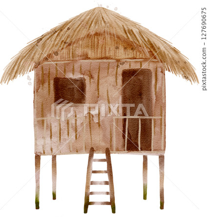 Explore the charming stilt house with a thatched roof, blending beautifully with nature Explore the charming stilt house with a thatched roof, blending beautifully with nature 127690675