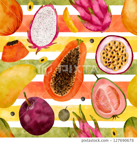 A vibrant tropical fruit pattern on a colorful striped background adds depth and interest 127690678