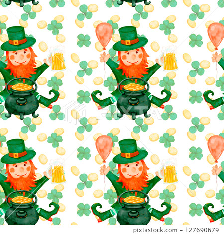 A Cheerful Leprechaun holds Gold and Beer in a festive pattern, celebrating joy and tradition 127690679